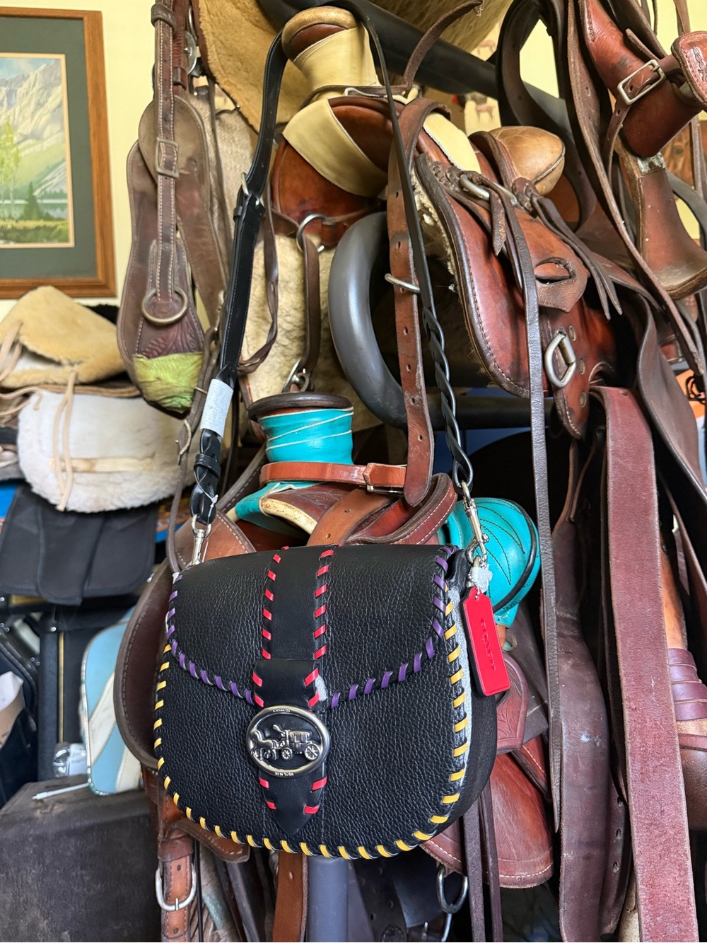 Coach Navy Whipstitch Georgie Saddlebag Pebbled Leather NWT
